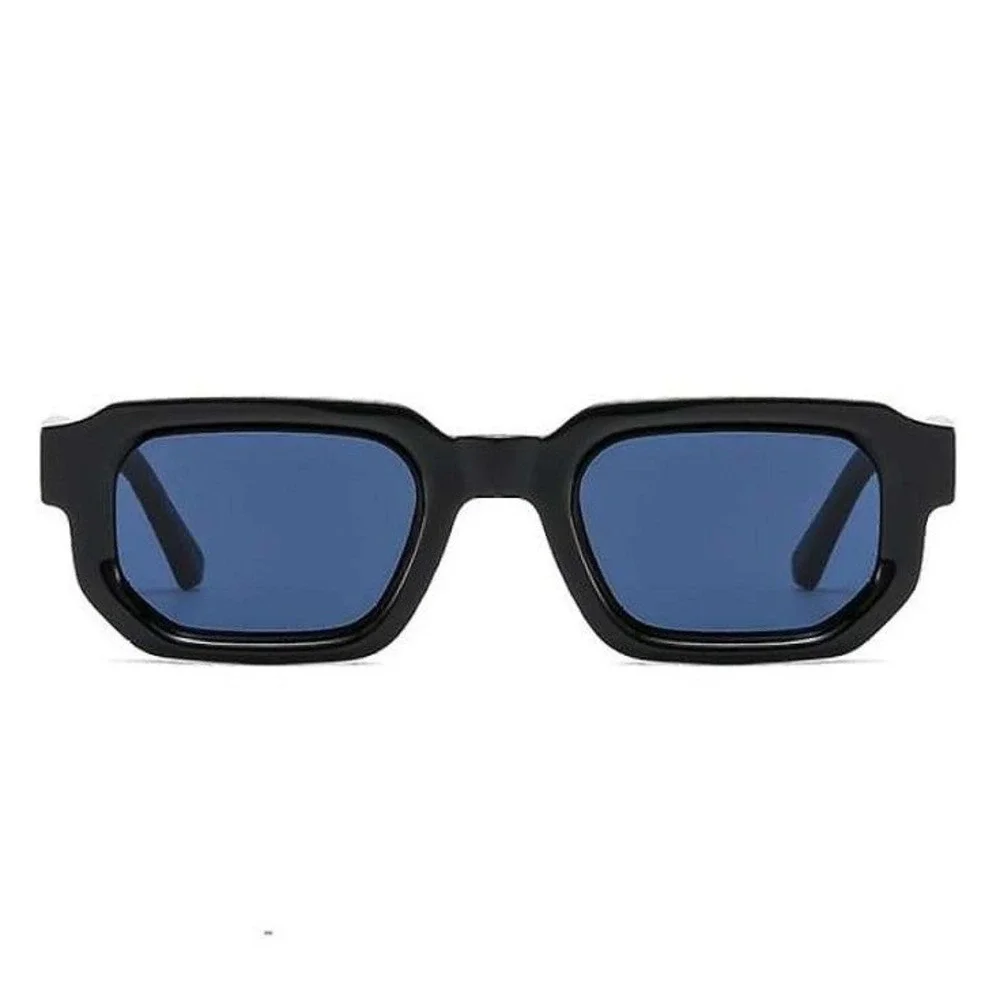 Mens Square Black Frame Sunglasses Blue Tint Lens Thick Geometric Modern Shades